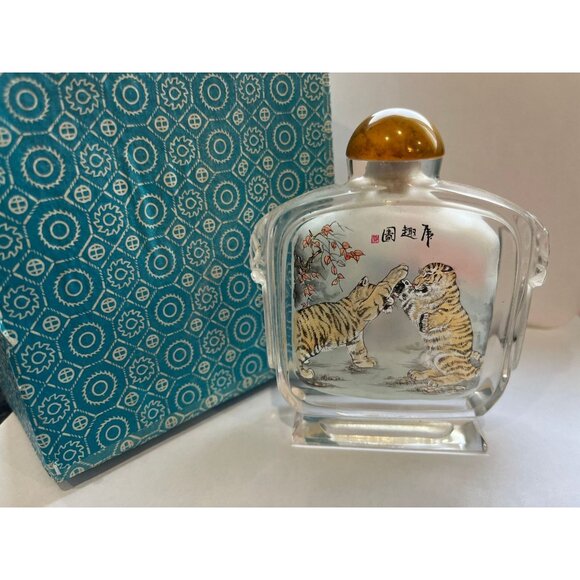 Vtg Double Sided Reverse Glass Painting Chinese Snuff Bottle Hand Carved Glass - Picture 3 of 10